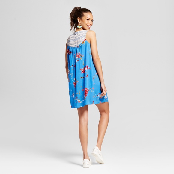 NEW Blue Mixed Print Embroidered Shift Dress [C1] - Picture 2 of 7